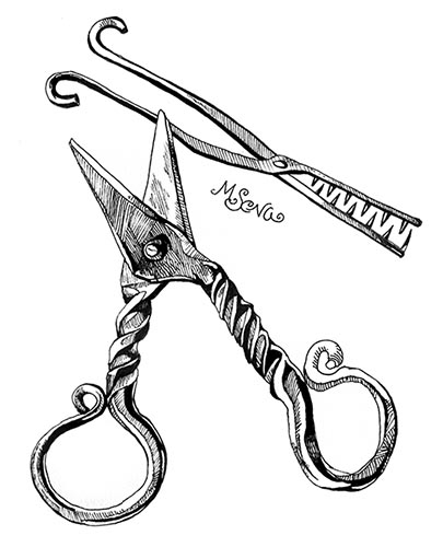 Daily Doodle of archaic cutting scissors and a torture tool