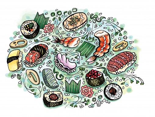 Sushi Doodle with black marker and watercolored in Adobe Photoshop