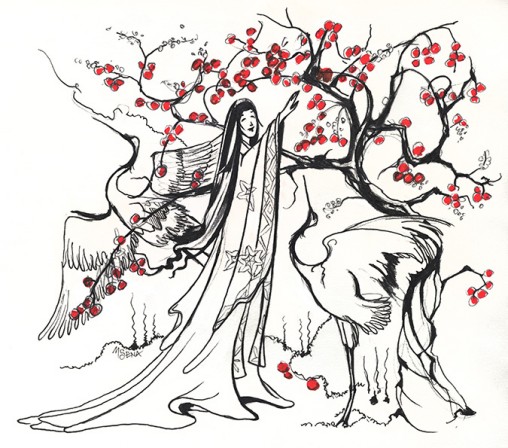 Heian Woman amongst white cranes and persimmons