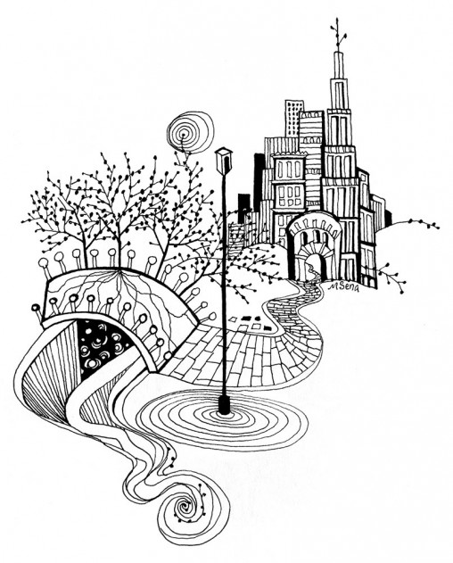 Line drawing Doodle of a fantasy city, tree roots growing into the bridge and the universe under it.