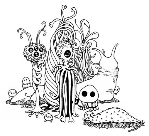 Ink drawing of critters and little monsters