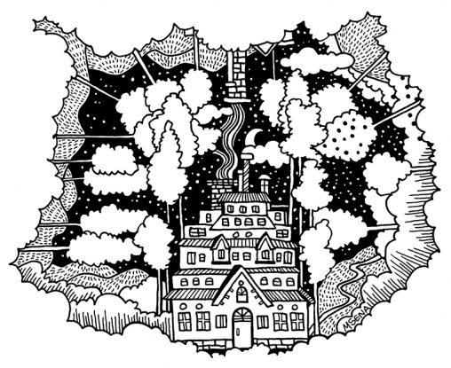 Ink drawing of house and chimney in the woods by MIYUKISENA