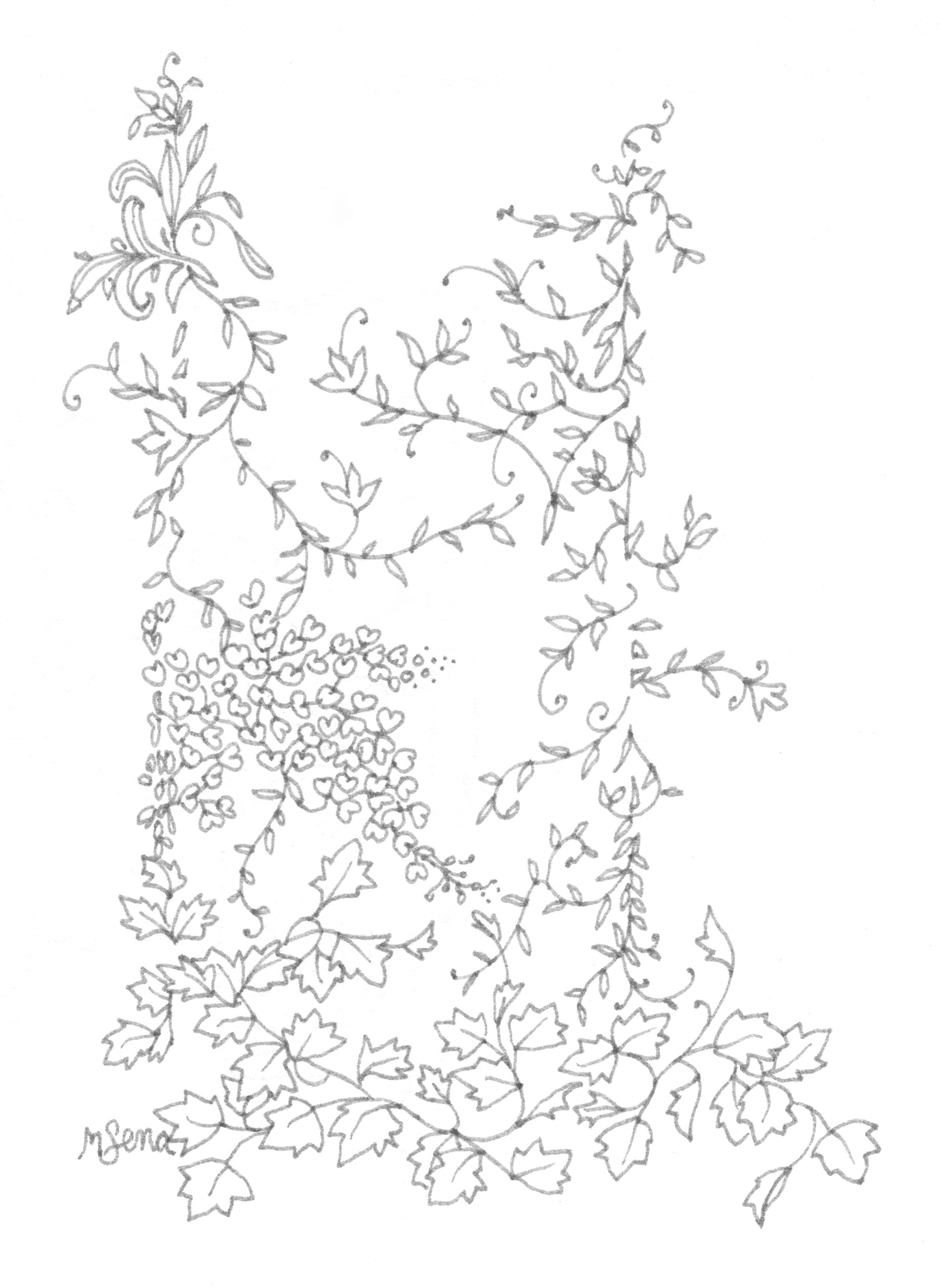 Doodle 35. Illustrated by Miyuki Sena. Pencil of leaves around a piller.