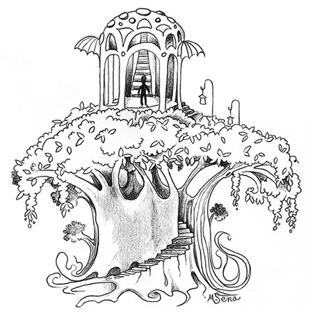 pencil doodle of mystical tree with stairs that lead to nowhere