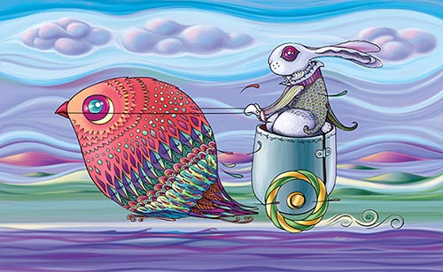 Doodle Fine Art of Partridge and Rabbit in chariot